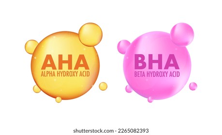 AHA and BHA. Alpha hydroxy acid and beta hydroxy acid. Dermal and beauty. Vector stock illustration.