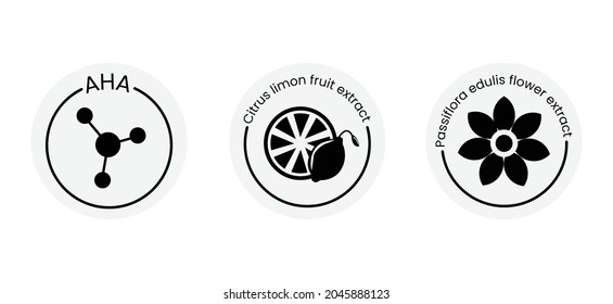 Aha, citrus limon fruit extract, passiflora edulis flower extract icon illustration. Collection of linear symbols or badges for natural eco friendly handmade products, organic cosmetics.