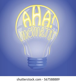 Aha! moment neon lettering in lightbulb. Bright idea, creativity vector illustration. Inspiration, imagination concept