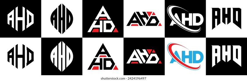 AHD letter logo design in six style. AHD polygon, circle, triangle, hexagon, flat and simple style with black and white color variation letter logo set in one artboard. AHD minimalist and classic logo