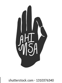 Ahimsa. Ilustración vectorial moderna de la palma en la posada meditadora con letras a mano aisladas en blanco. Concepto de budismo, hinduismo y yoga para el diseño de la tipografía impresa.