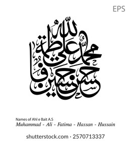 Ahl al Bayt Rasool, Panjtan Pak-Imam Hussain". 
Translation: Names of the family of the holy prophet Muhammad (PB-UH). EPS vector