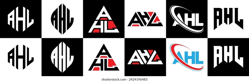 AHL letter logo design in six style. AHL polygon, circle, triangle, hexagon, flat and simple style with black and white color variation letter logo set in one artboard. AHL minimalist and classic logo