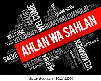 Ahlan Wa Sahlan (Welcome in Arabic) word cloud in different languages, conceptual background