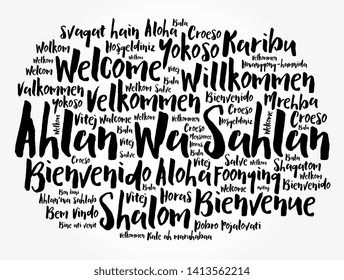 Ahlan Wa Sahlan (Welcome in Arabic) word cloud in different languages, conceptual background
