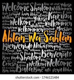 Ahlan Wa Sahlan (Welcome in Arabic) word cloud in different languages