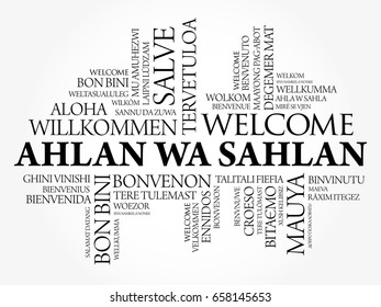 Ahlan Wa Sahlan (Welcome in Arabic) word cloud in different languages, conceptual background