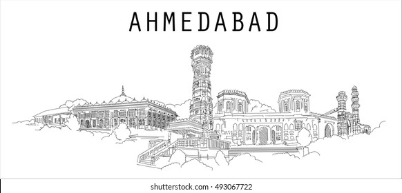 AHMADABAD city vector hand drawing sketch style illustration