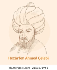 Hezârfen Ahmed Çelebi portrait hand drawing vector illustration 