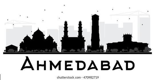 Ahmedabad City Skyline Black And White Silhouette. Vector Illustration. Simple Flat Concept For Tourism Presentation, Banner, Placard Or Web Site. Business Travel Concept. Cityscape With Landmarks