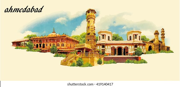 AHMEDABAD city water color panoramic vector illustration