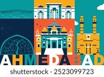 Ahmedabad culture travel set, famous architectures and specialties in flat design. Business travel and tourism concept clipart. Image for presentation, banner, website, advert, flyer, roadmap, icons