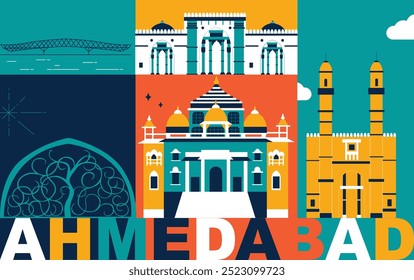 Conjunto de viajes de la cultura de Ahmedabad, arquitecturas famosas y especialidades en diseño plano. Clipart de concepto de viajes de negocios y turismo. Imagen de presentación, Anuncio, Sitio web, anuncio, volante, hoja de ruta, iconos