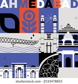 Ahmedabad culture travel set, famous architectures and specialties in flat design. Business travel and tourism concept clipart. Image for presentation, banner, website, advert, flyer, roadmap, icons