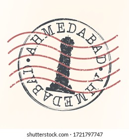 Ahmedabad, Gujarat, India Stamp Postal. Building Silhouette Seal. Passport Round Design. Famous Monument Vector Icon Retro Travel Design.