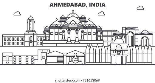 Ahmedabad, India Architecture Line Skyline Illustration. Linear Vector Cityscape With Famous Landmarks, City Sights, Design Icons. Landscape Wtih Editable Strokes