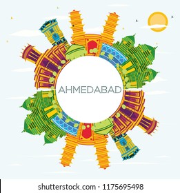 Ahmedabad India City Skyline With Color Buildings, Blue Sky And Copy Space. Vector Illustration. Business Travel And Tourism Concept With Historic Architecture. Ahmedabad Cityscape With Landmarks.