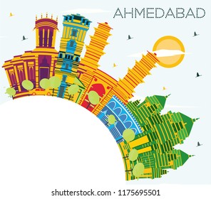 Ahmedabad India City Skyline with Color Buildings, Blue Sky and Copy Space. Vector Illustration. Business Travel and Tourism Concept with Historic Architecture. Ahmedabad Cityscape with Landmarks.