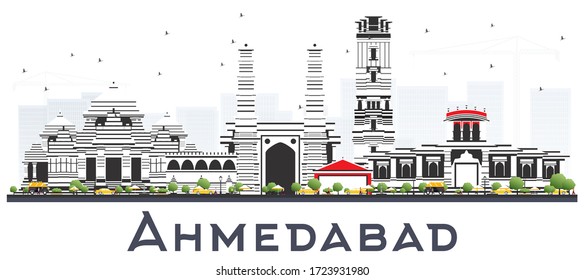 Ahmedabad India City Skyline With Color Buildings Isolated On White. Vector Illustration. Business Travel And Tourism Concept With Modern And Historic Architecture. Ahmedabad Cityscape With Landmarks.