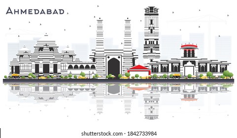 Ahmedabad India City Skyline With Color Buildings And Reflections Isolated On White. Vector Illustration. Travel And Tourism Concept With Modern And Historic Architecture. Ahmedabad Cityscape.