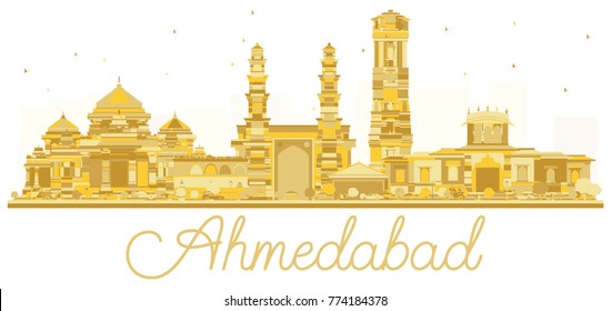 Ahmedabad India City Skyline Golden Silhouette. Vector Illustration. Simple Flat Concept For Tourism Presentation, Banner, Placard Or Web Site. Ahmedabad Cityscape With Landmarks.