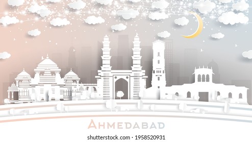 Ahmedabad India City Skyline In Paper Cut Style With Snowflakes, Moon And Neon Garland. Vector Illustration. New Year Concept. Ahmedabad Cityscape With Landmarks.