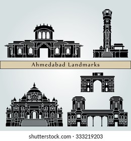 Ahmedabad landmarks and monuments isolated on blue background in editable vector file