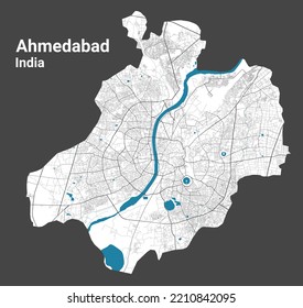 Ahmedabad map. Detailed map of Ahmedabad city administrative area. Cityscape panorama. Royalty free vector illustration. Road map with highways, rivers.