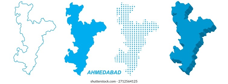 Conjunto de Vectores de mapa de Ahmedabad, India Silueta de contorno Formas macizas 3D punteadas, Plantilla de infografía de la ciudad de Ahmedabad, EPS editable Geografía de Ahmedabad