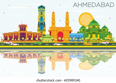 Ahmedabad Skyline with Color Buildings, Blue Sky and Reflections. Vector Illustration. Business Travel and Tourism Concept with Historic Architecture. Image for Presentation Banner Placard and Web