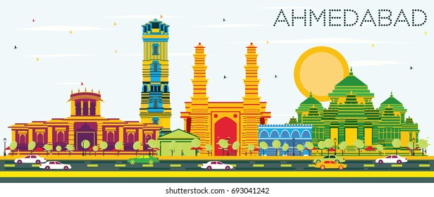 Ahmedabad Skyline with Color Buildings and Blue Sky. Vector Illustration. Business Travel and Tourism Concept with Historic Architecture. Image for Presentation Banner Placard and Web Site.