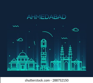 Ahmedabad skyline, detailed silhouette. Trendy vector illustration, linear style.