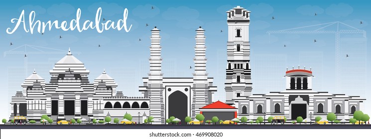 Ahmedabad Skyline with Gray Buildings and Blue Sky. Vector Illustration. Business Travel and Tourism Concept with Historic Buildings. Image for Presentation Banner Placard and Web Site.