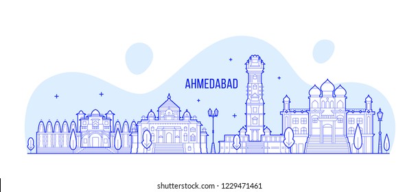 Ahmedabad skyline, Gujarati, India. This illustration represents the city with its most notable buildings. Vector is fully editable, every object is holistic and movable