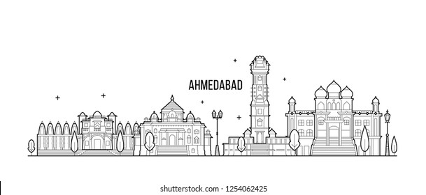 Ahmedabad skyline, Gujarati, India. This illustration represents the city with its most notable buildings. Vector is fully editable, every object is holistic and movable