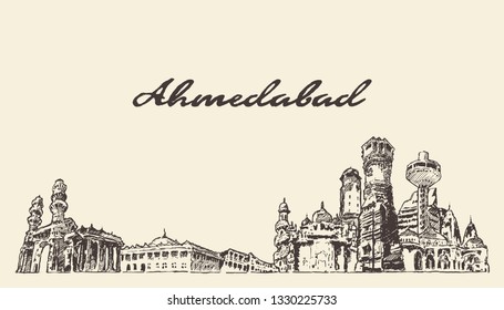 Ahmedabad skyline, India, hand drawn vector illustration, sketch