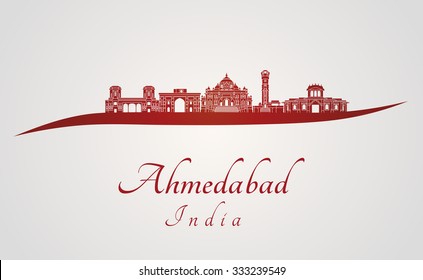Ahmedabad skyline in red and gray background in editable vector file