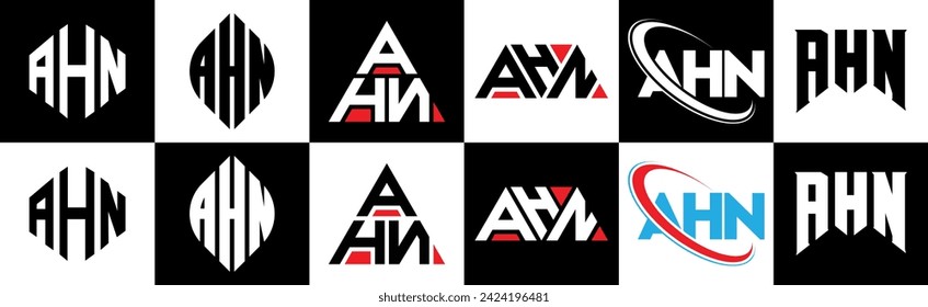 AHN Buchstaben Logo Design in sechs Stil. AHN Polygon, Kreis, Dreieck, Hexagon, flacher und einfacher Stil mit schwarz-weißem Farbänderungslogo in einem Zeichenbrett. AHN minimalistisches und klassisches Logo