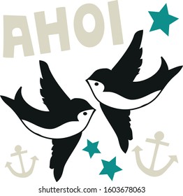 Ahoi vector lettering illustration tattoo old school swallow birds and stars for greeting cards, fashion, wall art, bedding