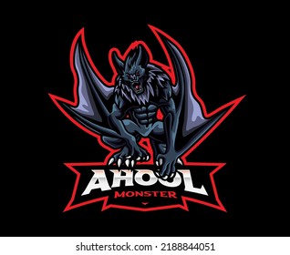 Diseño del logo de la mascota Ahool. Ilustración vectorial del monstruo del murciélago. Ilustración de logotipo para mascota o símbolo e identidad, deportes de emblema o equipo de juegos de e-sports