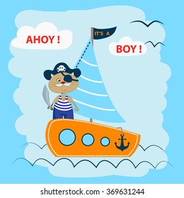 Ahoy! It's a boy! Cute cat on a pirate ship. 