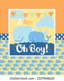 Ahoy, it's a boy. Vector illustration has multiple vector pattern swatches and nautical scene featuring two cute whale characters. Perfect for baby shower, nursery, or surface designs. svg