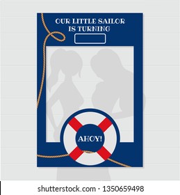 Ahoy! Our little sailor is turning. Nautical photobooth frame sailor and marine design for Strike a Pose photoshooting with props on sticks. Blue, red, white colors. 