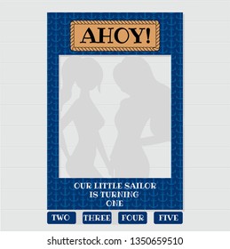 Ahoy! Our little sailor is turning one, two, three, four, five years old. Nautical photobooth frame sailor and marine design for Strike a Pose photoshooting with props on sticks.