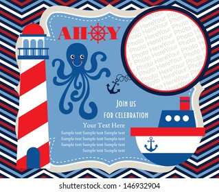 ahoy party invitation card with place for photo. vector illustration