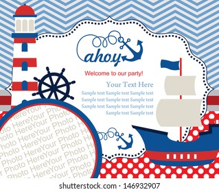 ahoy party invitation card with place for photo. vector illustration