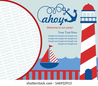 ahoy party invitation card with place for photo. vector illustration