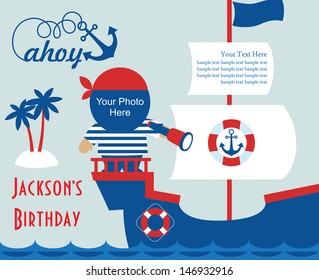 ahoy party invitation card with place for photo. vector illustration