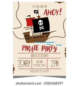 Ahoy Pirate-Party Einladung auf ein Meer Abenteuer für Kinder Geburtstag auf einem Schiff mit Piratenflagge mit Kreuzknochen und Schädel. Kindergeburtenposter-Design auf Pergament mit einer Navigationskarte.