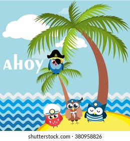 Ahoy! Set of sailor, captain and pirate owls for sea and nautical design. Funny icons isolated on blue background.Vector Illustration